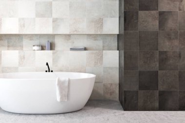 Beyaz ve siyah beyaz küvet modern banyo iç bir beton zemin ile döşeli. 3D render alay