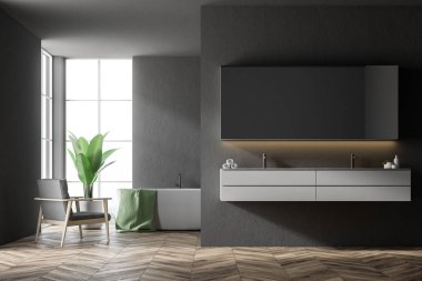 O bir modern banyo iç siyah duvar ve bir koltuk ile ayakta asılı bir yeşil havlu ile beyaz küvet. Sağdaki çift lavabo. 3D render alay