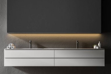 Çift banyo lavabo siyah duvarlı klasik bir banyoda. A yakın çekim. Rahat bir ev 3d render kavramı