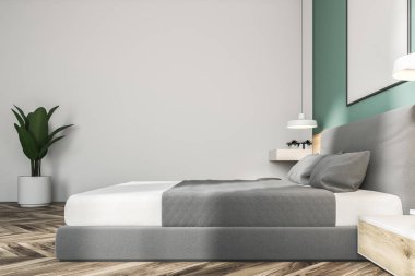 Beyaz ve yeşil yatak odası iç ahşap zemin, bir king size Yataklı ve bunun üzerinde asılı bir çerçeve dikey poster. 3D render alay