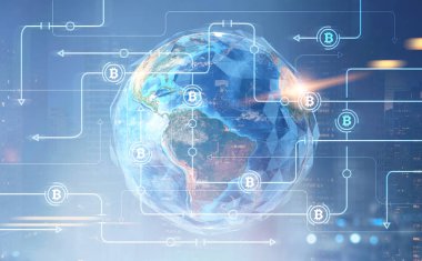 Bitcoin küresel ağ parlayan sürükleyici arabirimi dünya ve bir gece cityscape karşı. Tonlu görüntü pozlama sahte katlayın. Nasa tarafından döşenmiş bu görüntü unsurları