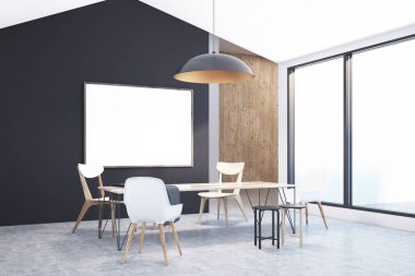 Siyah, beyaz ve ahşap duvar tavan yemek odası köşe ahşap bir masa, sandalye çeşitli türleri ve bir çerçeve yatay poster. 3D render alay