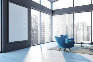 Çatı katı salon köşe bir ahşap zemin, mavi bir koltuk ve bir çerçeve dikey poster. 3D render alay