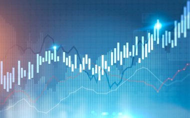 Soyut parlayan büyüyen grafikleri mavi arka plan bulanık karşı. Ticaret ve borsa kavramı. Çift tonlu görüntü pozlaması