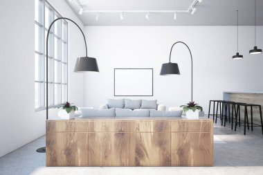 Lüks gri kanepeler bir İskandinav tarzı oturma odası iç bir meydanda ayakta. Özgün zemin lambaları ve loft windows. Bir ahşap çekmeceli yatay sahte poster çerçevesi kadar. 3D render