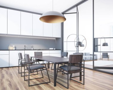 Gri sandalyeleri beyaz mutfak tezgahı ayakta uzun bir tabloyla ile gri yemek odası köşe. Cam kapılar. Sağdaki bir oturma odası. 3D render alay
