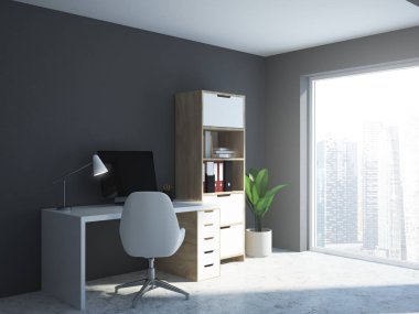 Gri ev ofis köşe bir beton zemin, bir beyaz bilgisayar masa ve bir kitaplık. Bir cityscape bir çatı pencere. 3D render