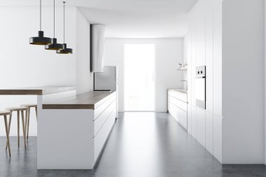 Mutfak iç beyaz duvarlar, beton zemin, tabureleri olan beyaz çubuk ve bir dizi üzerinde asılı lambalar. 3D render alay