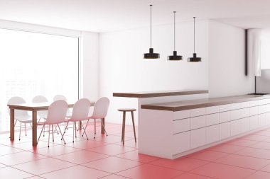 Beyaz duvar mutfak iç pembe kiremitli kat ve lambaları bir dizi ile ayakta beyaz mutfak tezgahı. Beyaz sandalye ile bir yemek masası. 3D render alay