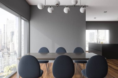 Gri yemek odası ve mutfak iç panoramik pencerelere, karanlık sandalye ile bir tablo ile o ve mutfak tezgahı yakın. Cityscape. 3D render alay