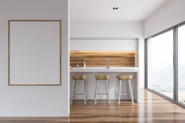 Beyaz ve ahşap duvar mutfak iç mutfak tezgahı, tabureleri olan çubuk ve bir çerçeve dikey poster duvara. 3D render alay