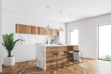 Beyaz duvarları, beton zemin, tabureleri olan ahşap çubuk ve yukarıda asılı lambalar bir satır ile mutfak köşesi. 3D render alay