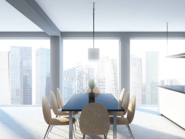 Bir beton zemin, bej sandalye ve mutfak tezgahı ile uzun siyah bir tablo ile modern panoramik yemek odası iç. 3D render