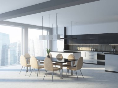 Bir yemek masası, bej renkli sandalyeler, çatı windows ve gri mutfak tezgahı ile beyaz ve ahşap mutfak köşesi. 3D render alay