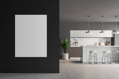 Mermer mutfak iç Gri duvarlar, gri mutfak tezgahı ve loft windows bar. Dikey bir poster duvara. Rahat bir ev kavramı. 3D render alay