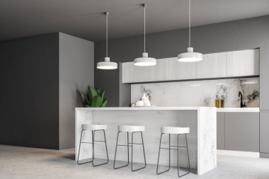Mermer mutfak iç Gri duvarlar, gri mutfak tezgahı ve loft windows bar. Yan görünümü. Rahat bir ev kavramı. 3D render alay