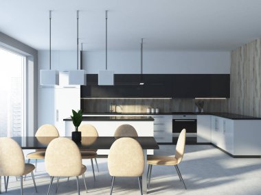 Bir yemek masası, bej renkli sandalyeler, çatı windows ve gri mutfak tezgahı ile beyaz ve ahşap mutfak iç. 3D render alay