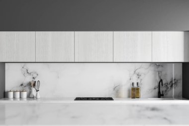 Beyaz ve gri mutfak tezgahı. Beyaz mermer tablo ön planda. Ev yapımı gıda kavramı. 3D render alay