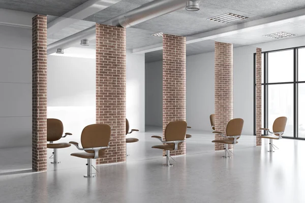 Modern barber shop corner with white and brick walls, tall mirrors and comfortable beige chairs. A side view. 3d rendering