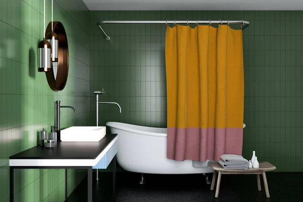 Zelená Koupelna Roh Bílou Vanu Umyvadlo Kulaté Zrcadlo Žluté Závěsy — Stock fotografie