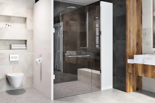 Sklo Dveří Sprchového Koutu Interiéru Moderní Koupelny Bílou Dřevěné Stěny — Stock fotografie