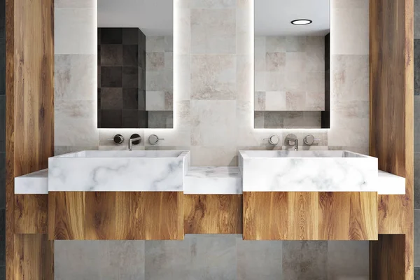 Double bathroom sink with two narrow tall framed mirrors hanging above it in a classic bathroom with a wooden wall. A close up 3d rendering