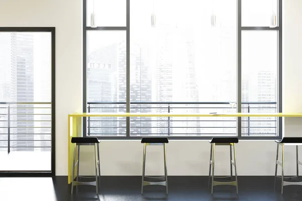 Loft Urban Bar Interior Narrow Table Standing Window Facing Skyscraper — Stock Photo, Image