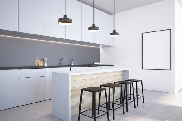 Gray and white wall kitchen corner with white countertops, a bar with stools and a frame vertical poster on the wall. 3d rendering mock up