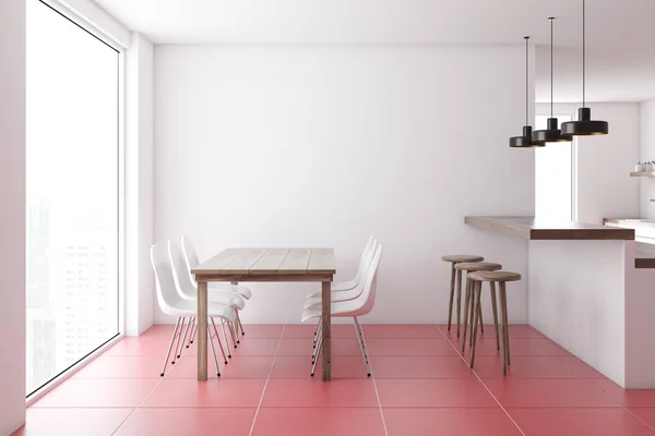 Modern Yemek Odası Beyaz Duvarlı Bir Kırmızı Beyaz Sandalye Yanında — Stok fotoğraf