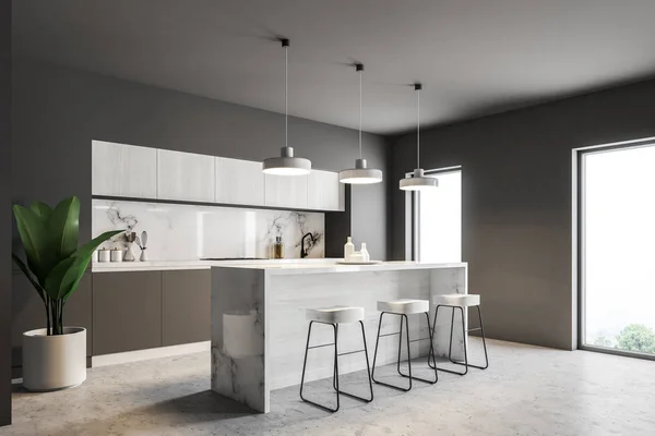 Marble Bar Kitchen Interior Gray Walls Gray Countertops Loft Windows — Stock Photo, Image