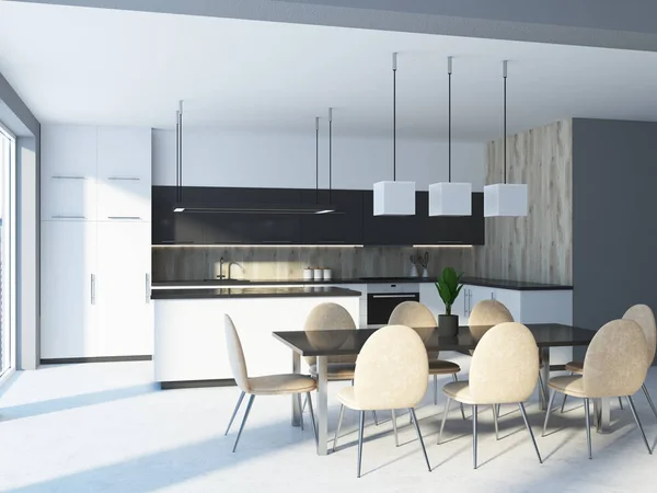 Interior Dapur Putih Dan Kayu Dengan Meja Makan Kursi Krem — Stok Foto