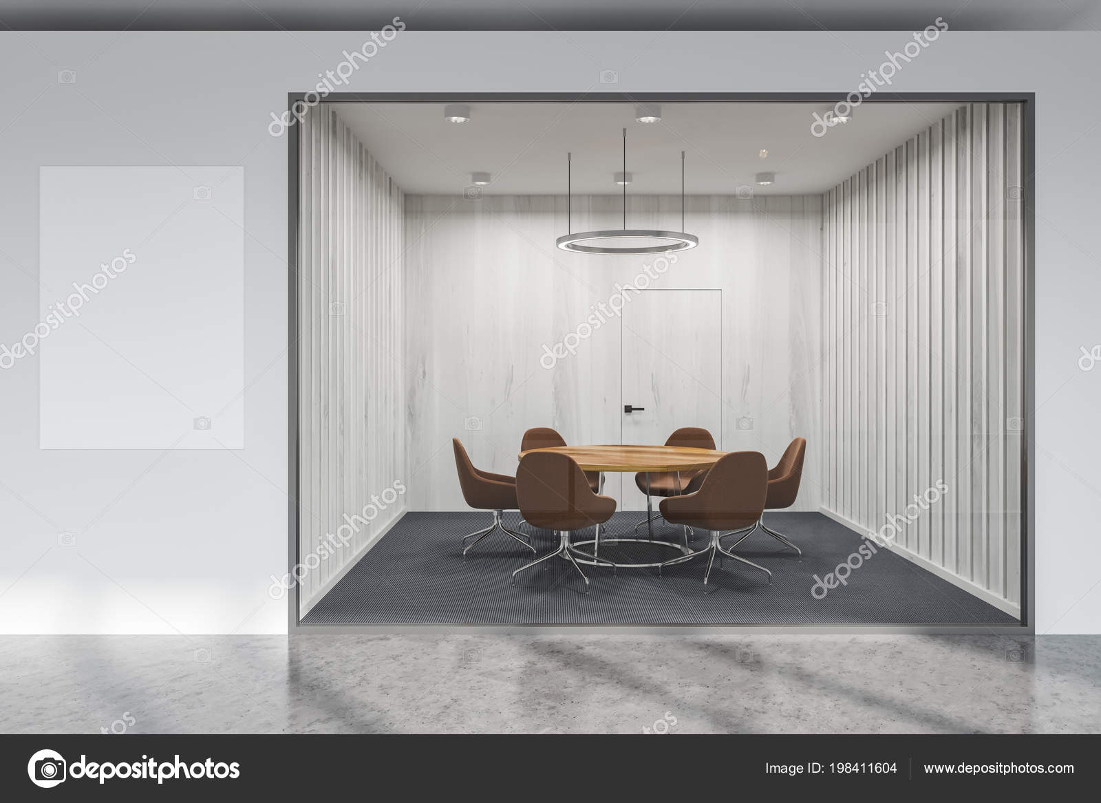 White Glass Wall Office Conference Room Table Brown Chairs