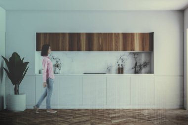 Beyaz ve ahşap mutfak tezgahı. Beyaz mermer tablo ön planda. Saksılı bir bitki. Bir kadın kavramı ev yapımı yiyecek. 3D render sahte kadar çift tonlu görüntü pozlaması
