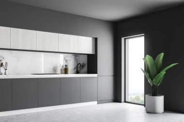 Gri mutfak tezgahı mutfak köşesi ile beyaz bir zemin ve pencerenin yakınındaki saksılı bir bitki. 3D render alay