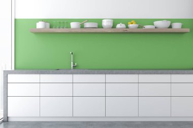 Beyaz mutfak tezgahı ve Züccaciye ve bardak duvardaki bir uzun ahşap raf ile yeşil mutfak iç. Açık bir görünüm. 3D render alay