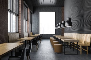 Loft Restoran İç gri ve tuğla duvarlar, onları boyunca ahşap tablolar ve banklar puan durumu ve bir cityscape içeren bir pencere ile upscale. 3D render