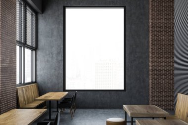 Loft Restoran İç gri ve tuğla duvarlar, onları boyunca ahşap tablolar ve banklar puan durumu ve bir cityscape içeren bir pencere ile upscale. 3d render yakından
