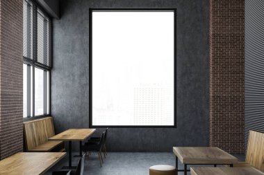 Upscale loft restaurant interior with gray and brick walls, wooden tables and benches standings along them and a window with a cityscape. A close up 3d rendering clipart