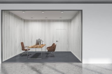 Beyaz ve cam duvar oda ofis ahşap bir masa ve kahverengi sandalye yanında duran bir şirket yöneticisi. Liderlik kavramı. 3D render alay