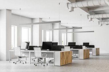 Bir açık alan ofis beyaz duvarlar, beton zemin ve bilgisayar tabloları satırları yan görünüm. 3D render alay