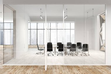 Yıldız duvar desen office lobi cam ve beyaz duvarlar ve ahşap bir zemin ile. Bir uzun Konferans masası siyah sandalye ile. Danışmanlık kavramı. 3D render alay