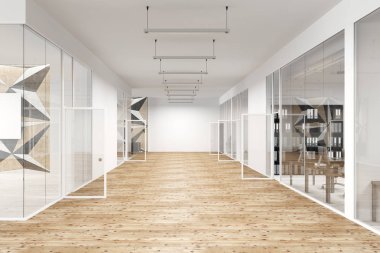 Yıldız duvar desen office koridor cam ve beyaz duvarlar ve ahşap bir zemin ile. Danışmanlık kavramı. 3D render alay