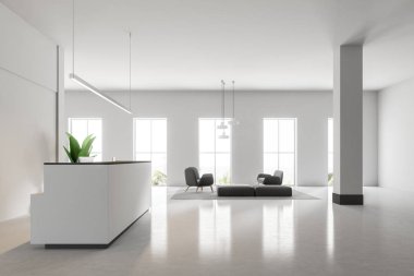 Modern bir ofis bir beton zemin üzerinde beyaz resepsiyon masası ayakta yan görünüm. Arka plan bir bekleme odasında. 3D render alay