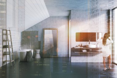 Çift banyo iç beton ve beyaz duvarlar, beton zemin, bir duş kabini ve yerde duran büyük bir ayna ile. Bir kadın. 3D render sahte kadar çift tonlu görüntü pozlaması