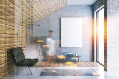 Çift banyo iç ile beton ve ahşap duvarlar, beton zemin halı, duş kabini, bir koltuk ve poster kadar sahte. Bir kadın. 3D render sahte tonlu görüntü çift pozlama kadar bulanık