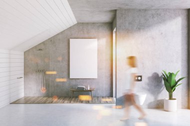 Çift banyo iç beton ve beyaz duvarlar, beton zemin, bir duş kabini ve poster kadar sahte. Bir kadın 3d render bulanık görüntü çift pozlama tonda