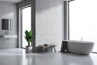 Beton duvarlar ve zemin, küvet ve lavabo ile çift banyo iç. Büyük pencereler 3d render kadar alay