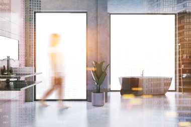 Çift banyo iç döşeme beton ve pembe duvarlar ve zemin, küvet ve lavabo ile. Loft windows A açık view bir kadın 3d render bulanık görüntü çift pozlama tonda