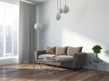 Lüks bej kanepe duran İskandinav tarzı çatı oturma odasının köşesinde. Özgün zemin ve tavan lambaları ve bir cityscape. 3D render alay