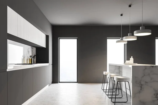 Grauen Arbeitsplatten Küche Interieur Mit Weißem Boden Und Eine Marmorbar — Stockfoto